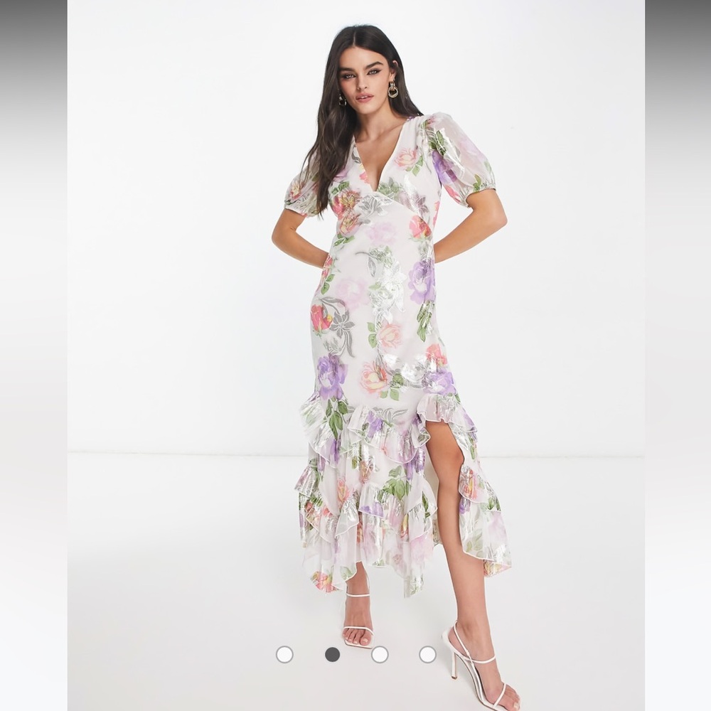 ASOS DESIGN ruffle frill hem maxi dress in rose print (never been worn)